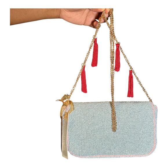 Viral Tiktok Tomato Beaded Crossbody Bag with Gold Chain and Red Tassels NWT - Picture 2 of 3